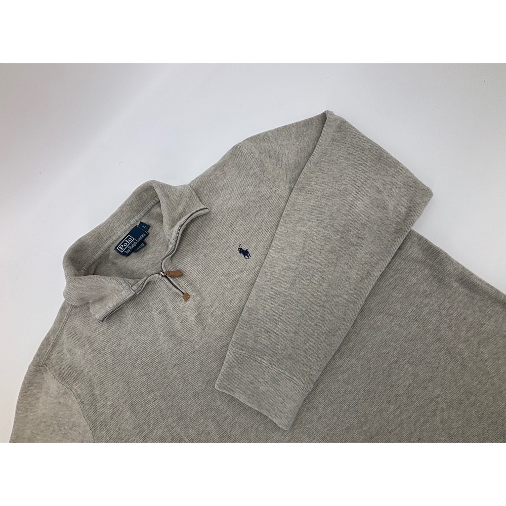 Polo Ralph Lauren Mens Large Heather Grey Cotton Quarter Zip Pullover Sweater